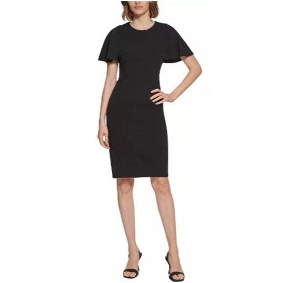Calvin Klein Black Capelet‎ Sheath Dress Gold Zipper Womens Size 12 Minimalist - Picture 1 of 8